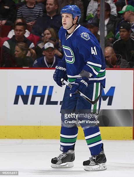 Andrew Alberts of the Vancouver Canucks skates up ice during the game against the Ottawa Senators at General Motors Place on March 13, 2010 in...