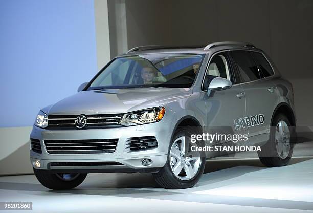 The Volkswagen Touareg Hybrid is introduced at the New York International Auto Show March 31, 2010 in New York. AFP PHOTO/Stan HONDA