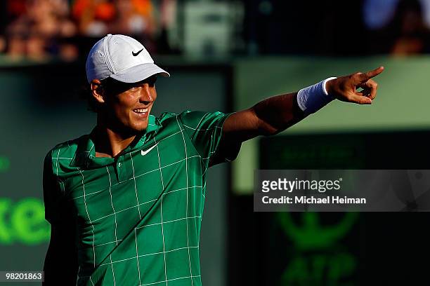 Tomas Berdych of the Czech Republic reacts after defeating Fernando Verdasco of Spain during day ten of the 2010 Sony Ericsson Open at Crandon Park...