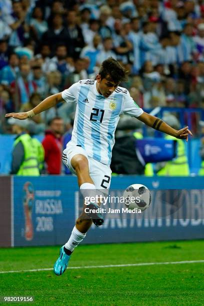 Paulo Dybala of Argentina controls the ball during the 2018 FIFA World Cup Russia group D match between Argentina and Croatia at Nizhniy Novgorod...