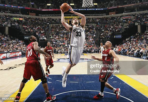 Marc Gasol of the Memphis Grizzlies goes to the basket against the Miami Heat during the game on February 19, 2010 at FedExForum in Memphis,...