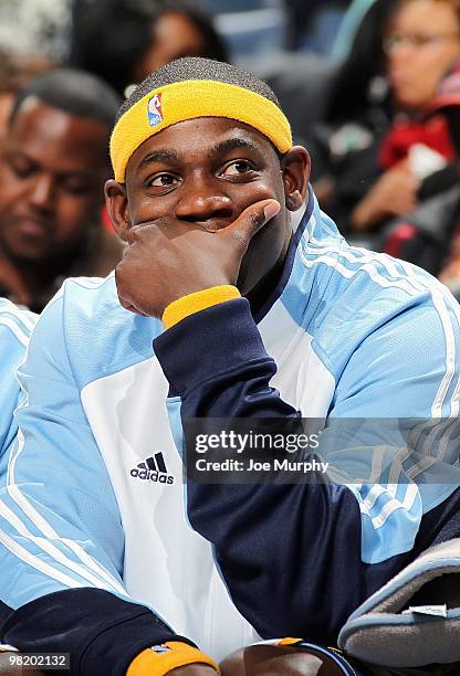 Ronnie Brewer of the Memphis Grizzlies looks on from the bench during the game against the Miami Heat on February 19, 2010 at FedExForum in Memphis,...