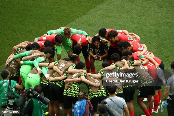 Korea Republic team huddle during the 2018 FIFA World Cup Russia group F match between Korea Republic and Mexico at Rostov Arena on June 23, 2018 in...