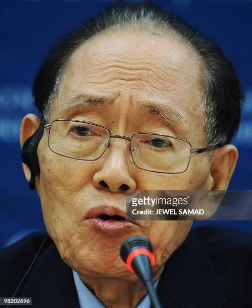 North Korean defector Hwang Jang-yop, who was responsible for writing North Korea's official state ideology before defecting in 1997, speaks during...