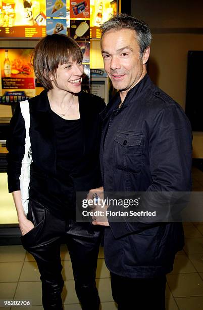 Actress Christiane Paul and actor Hannes Jaenicke attend the premiere of 'Waffenstillstand' at cinema Kulturbrauerei on April 1, 2010 in Berlin,...