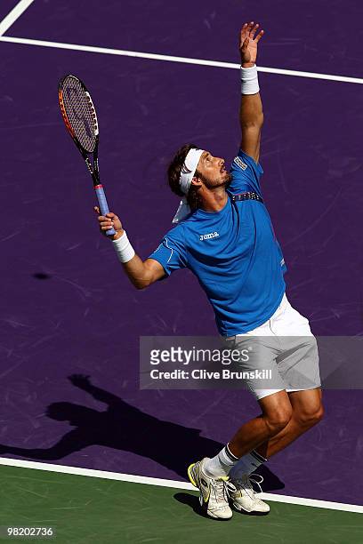 Juan Carlos Ferrero of Spain plays against Jo-Wilfried Tsonga of France during day eight of the 2010 Sony Ericsson Open at Crandon Park Tennis Center...