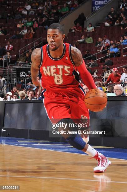 Terrence Williams of the New Jersey Nets drives against the Philadelphia 76ers during the game on March 17, 2010 at Wachovia Center in Philadelphia,...