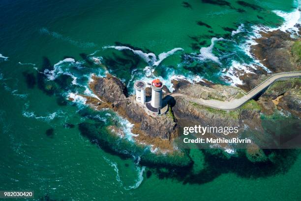 france from the sky : rade de brest, phare du petit minou - brest brittany stock pictures, royalty-free photos & images