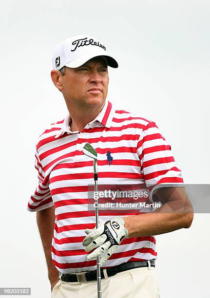 Davis Love III watches his tee shot on the second hole during the first round of the Shell Houston Open at Redstone Golf Club on April 1, 2010 in...