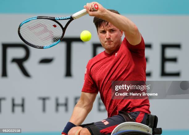 Gordon Reid of Great Britain plays a shot during the men's wheelchair match against Stephane Houdet of France during Day 6 of the Fever-Tree...