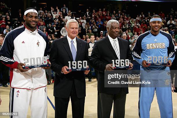 Olympic basketball team captains LeBron James of the Cleveland Cavaliers, Jerry West and Oscar Robertson and Carmelo Anthony of the Denver Nuggets...