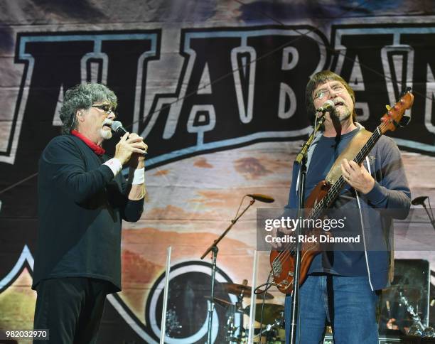 Randy Owen and Teddy Gentry of Alabama performs during Kicker Country Stampede - Day 2 at Tuttle Creek State Park on June 22, 2018 in Manhattan,...