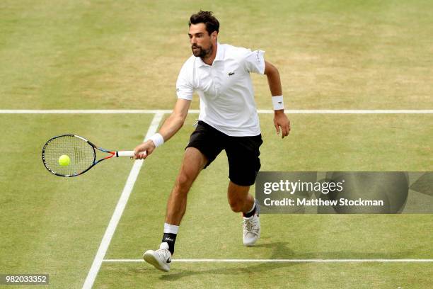 Jeremy Chardy of France returns a shot during his men's singles semifinal match against Novak Djokovic of Serbia on Day Six of the Fever-Tree...