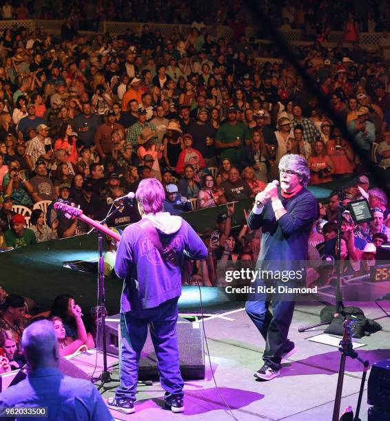 Teddy Gentry and Randy Owen of Alabama performs during Kicker Country Stampede - Day 2 at Tuttle Creek State Park on June 22, 2018 in Manhattan,...