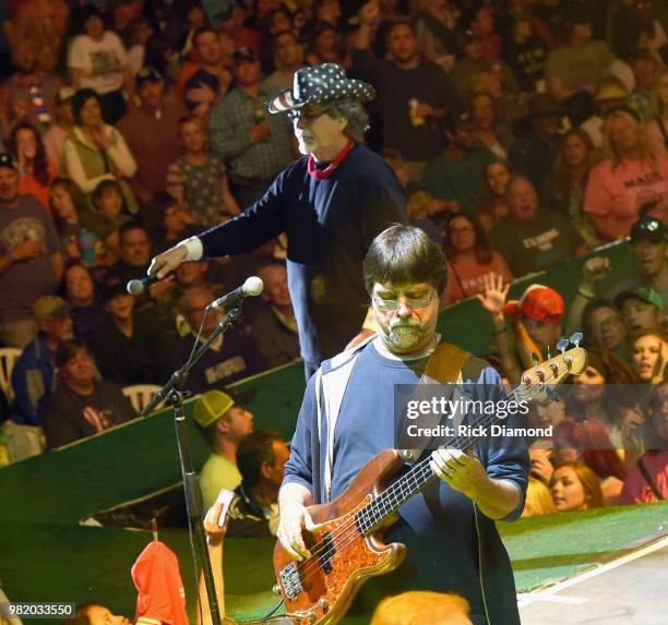 Randy Owen and Teddy Gentry of Alabama performs during Kicker Country Stampede - Day 2 at Tuttle Creek State Park on June 22, 2018 in Manhattan,...