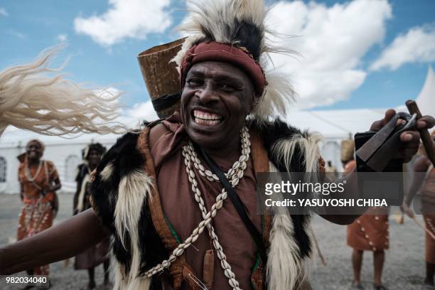 Dancers of the Kikuyu tribe perform at the construction site of Standard Gauge Railway during the Presidential Inspection of the SGR Nairobi-Naivasha...