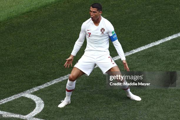 June 20: Cristiano Ronaldo of Portugal celebrates after scoring a goal during the 2018 FIFA World Cup Russia group B match between Portugal and...