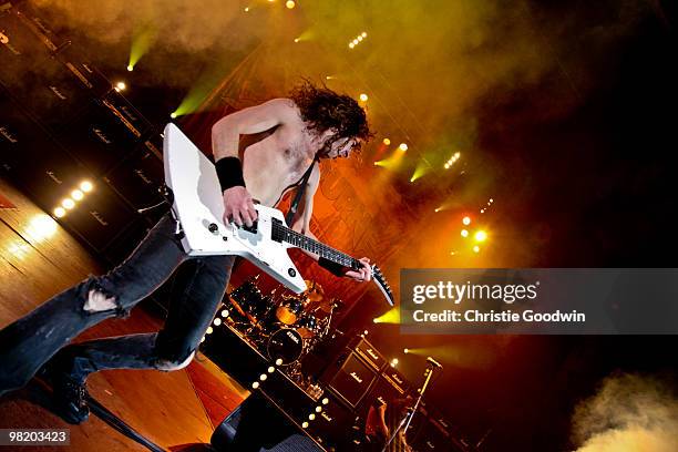 Joel O'Keeffe of Airbourne performs at Hammersmith Apollo on April 1, 2010 in London, England.