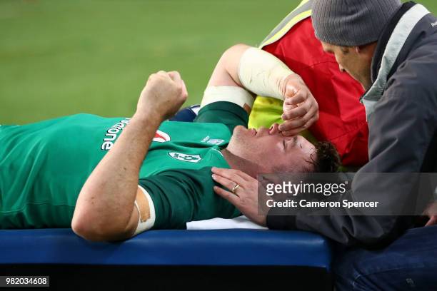 Peter O'Mahony of Ireland leaves the field injured during the Third International Test match between the Australian Wallabies and Ireland at Allianz...