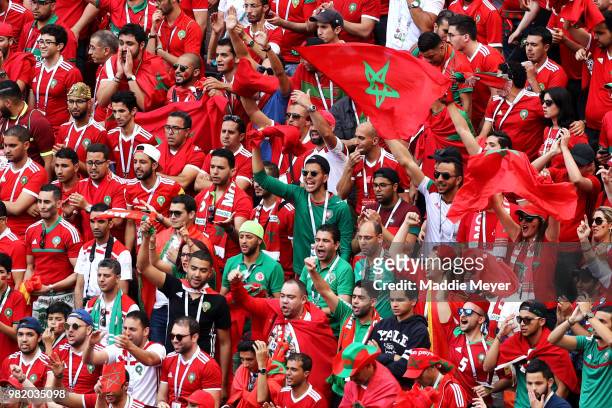 June 20: Moroccan fans during the 2018 FIFA World Cup Russia group B match between Portugal and Morocco at Luzhniki Stadium on June 20, 2018 in...