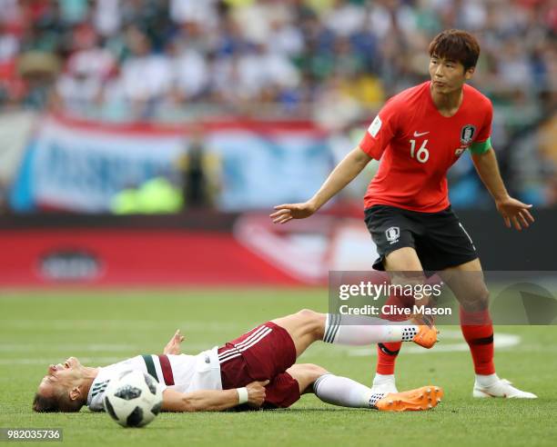 Javier Hernandez of Mexico lies on the pitch injured after being fouled by Ki Sung-Yueng of Korea Republic during the 2018 FIFA World Cup Russia...