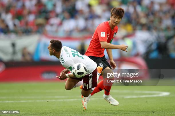 Javier Hernandez of Mexico is fouled by Ki Sung-Yueng of Korea Republic during the 2018 FIFA World Cup Russia group F match between Korea Republic...