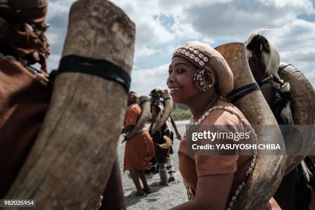 Dancers of the Kikuyu tribe perform at the construction site of Standard Gauge Railway during the Presidential Inspection of the SGR Nairobi-Naivasha...