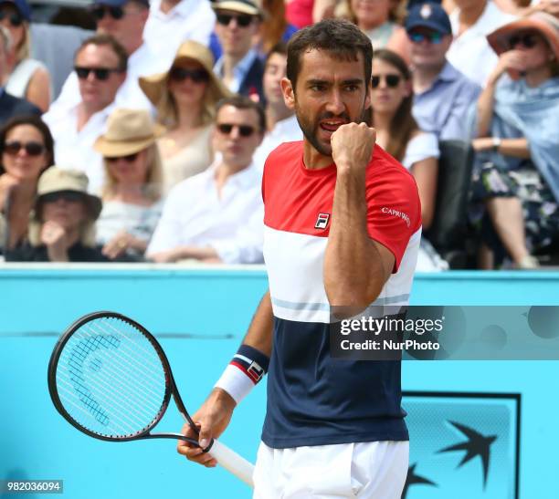 Marin Cilic in action during Fever-Tree Championships Semi Final match between Marin Cilic against Nick Kyrgios ) at The Queen's Club, London, on 23...