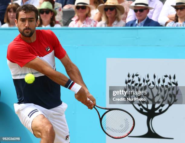 Marin Cilic in action during Fever-Tree Championships Semi Final match between Marin Cilic against Nick Kyrgios ) at The Queen's Club, London, on 23...