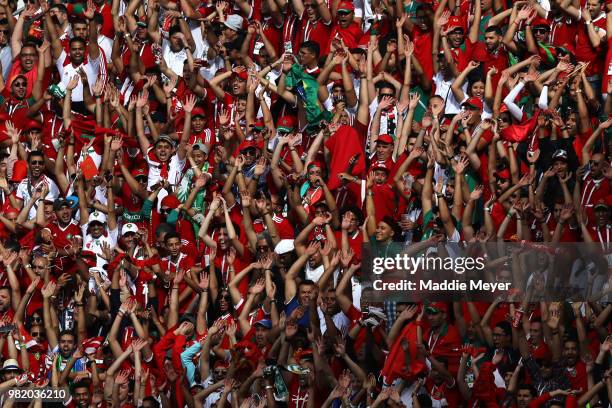 June 20: Moroccan fans during the 2018 FIFA World Cup Russia group B match between Portugal and Morocco at Luzhniki Stadium on June 20, 2018 in...