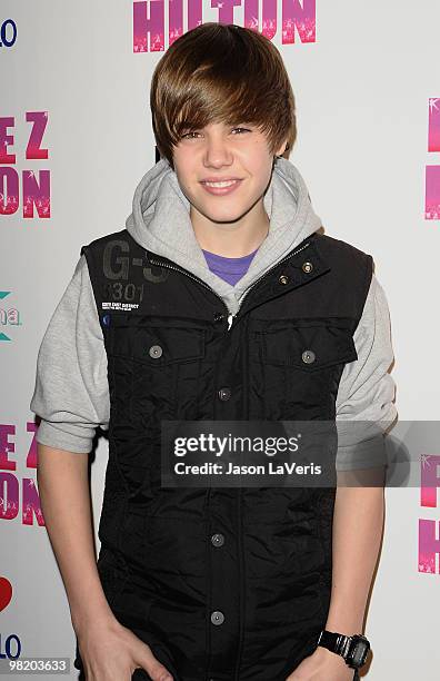 Singer Justin Bieber attends Perez Hilton's "Carn-Evil" Theatrical Freak and Funk 32nd birthday party at Paramount Studios on March 27, 2010 in Los...