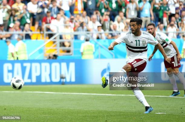 Carlos Vela of Mexico scores his team's first goal from the penalty spot during the 2018 FIFA World Cup Russia group F match between Korea Republic...