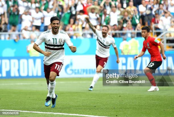 Carlos Vela of Mexico celebrates after scoring a penalty for his team's first goal during the 2018 FIFA World Cup Russia group F match between Korea...