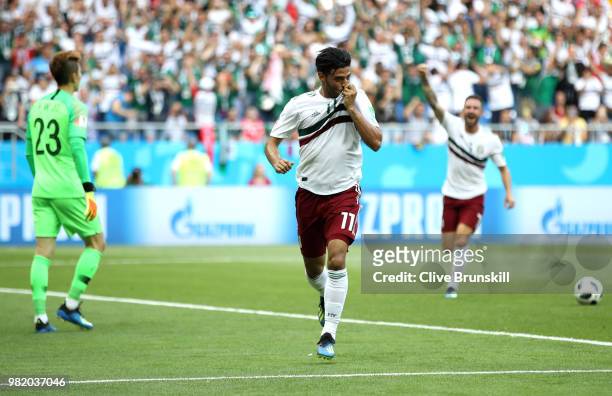 Carlos Vela of Mexico celebrates after scoring a penalty for his team's first goal during the 2018 FIFA World Cup Russia group F match between Korea...