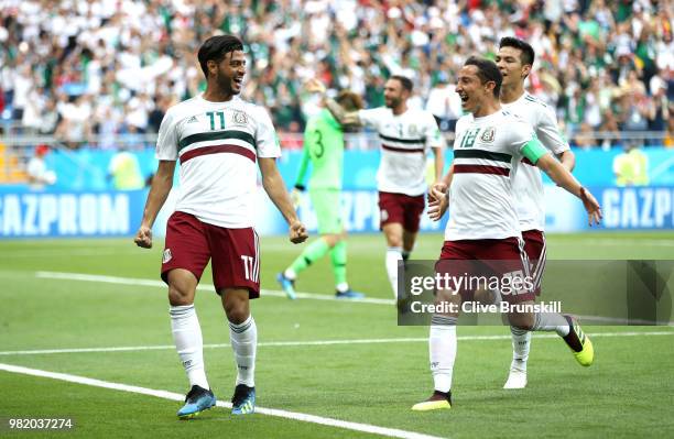 Carlos Vela of Mexico celebrates after scoring a penalty for his team's first goal during the 2018 FIFA World Cup Russia group F match between Korea...