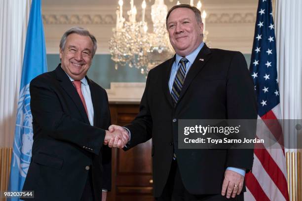 Secretary of State Mike Pompeo shakes hands with United Nations Secretary-General Antonio Guterres, at the Department of State on June 23, 2018 in...