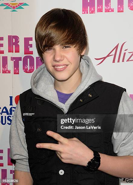 Singer Justin Bieber attends Perez Hilton's "Carn-Evil" Theatrical Freak and Funk 32nd birthday party at Paramount Studios on March 27, 2010 in Los...