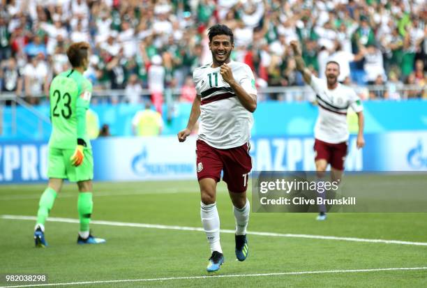 Carlos Vela of Mexico celebrates after scoring a penalty for his team's first goal during the 2018 FIFA World Cup Russia group F match between Korea...