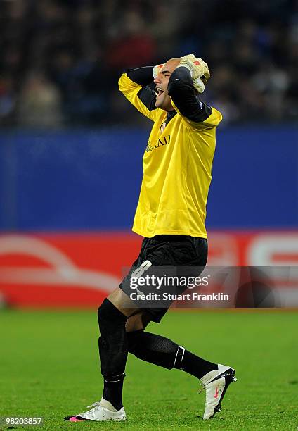 Sinan Bolat of Liege reacts during the UEFA Europa League quarter final, first leg match between Hamburger SV and Standard Liege at HSH Nordbank...