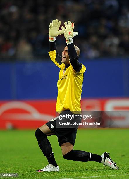 Sinan Bolat of Liege reacts during the UEFA Europa League quarter final, first leg match between Hamburger SV and Standard Liege at HSH Nordbank...