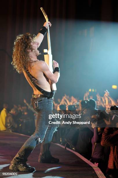 Joel O'Keeffe of Australian rock band Airbourne performs on stage at Hammersmith Apollo on April 1, 2010 in London, England.