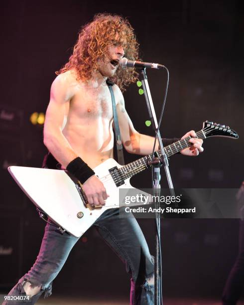 Joel O'Keeffe of Australian Rock Band Airbourne performs on stage at Hammersmith Apollo on April 1, 2010 in London, England.