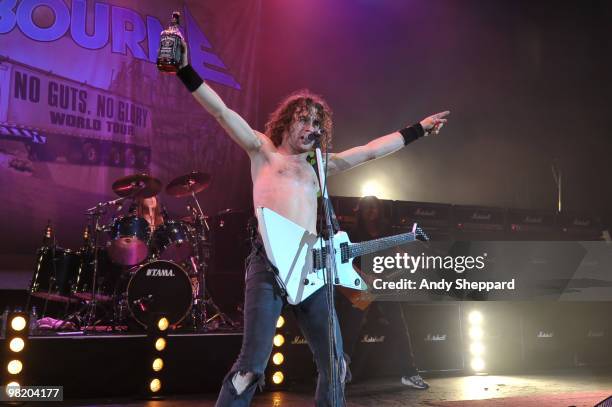 Joel O'Keeffe of Australian Rock Band Airbourne performs on stage at Hammersmith Apollo on April 1, 2010 in London, England.