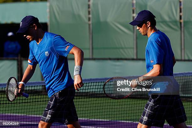 Bob Bryan and Mike Bryan of the United States play against Marcin Matkowski and Mariusz Fyrstenberg of Poland during day nine of the 2010 Sony...