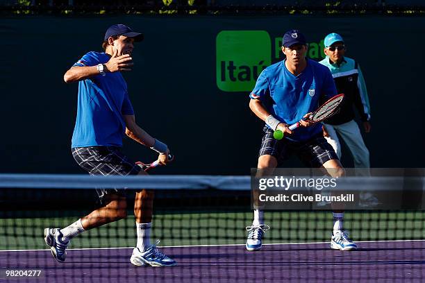 Bob Bryan and Mike Bryan of the United States play against Marcin Matkowski and Mariusz Fyrstenberg of Poland during day nine of the 2010 Sony...