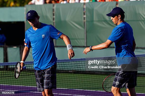 Bob Bryan and Mike Bryan of the United States play against Marcin Matkowski and Mariusz Fyrstenberg of Poland during day nine of the 2010 Sony...