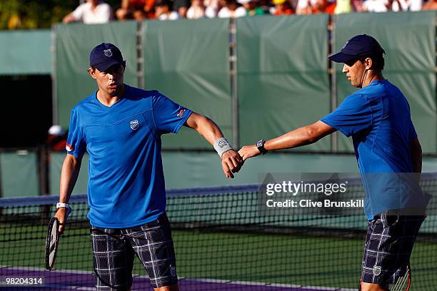 Bob Bryan and Mike Bryan of the United States play against Marcin Matkowski and Mariusz Fyrstenberg of Poland during day nine of the 2010 Sony...