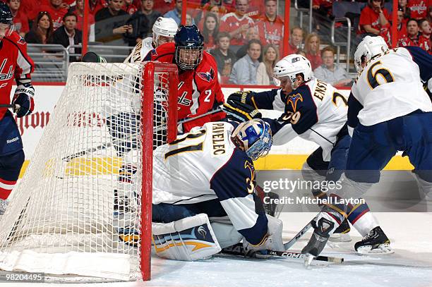 Ondrej Pavalec of the Atlanta Thrashers makes a save on a shot by Brooks Laich of the Washington Capitals in NHL action April 1, 2010 at the Verizon...