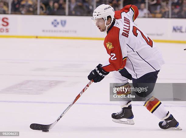 Keith Ballard of the Florida Panthers looks for his shot in the first period against the Boston Bruins on April 1, 2010 at the TD Garden in Boston,...