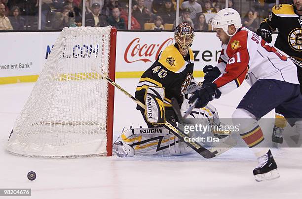 Tuukka Rask of the Boston Bruins stops a shot by Cory Stillman of the Florida Panthers in the first period on April 1, 2010 at the TD Garden in...